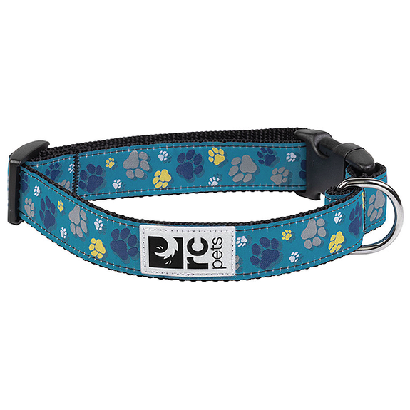 Buckle Clip Dog Collar Fresh Tracks Teal Paw Print Pattern