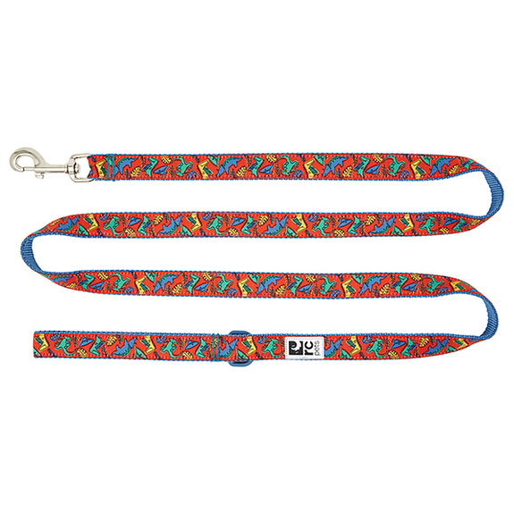 Dog Leash with Reflective Label Jurassic Pack Red, Blue & Green Dinosaur Pattern