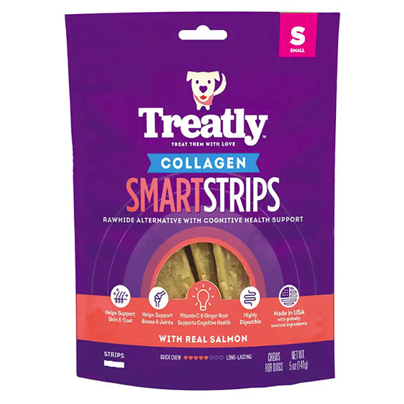 Collagen Smart Strips Rawhide Alternative with Cognitive Health Support Real Salmon Recipe Dog Chews