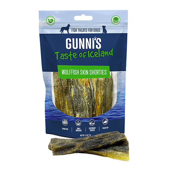 Wolffish Skin Shorties Air Dried Single Ingredient Grain-Free Fish Strips Dog Treats