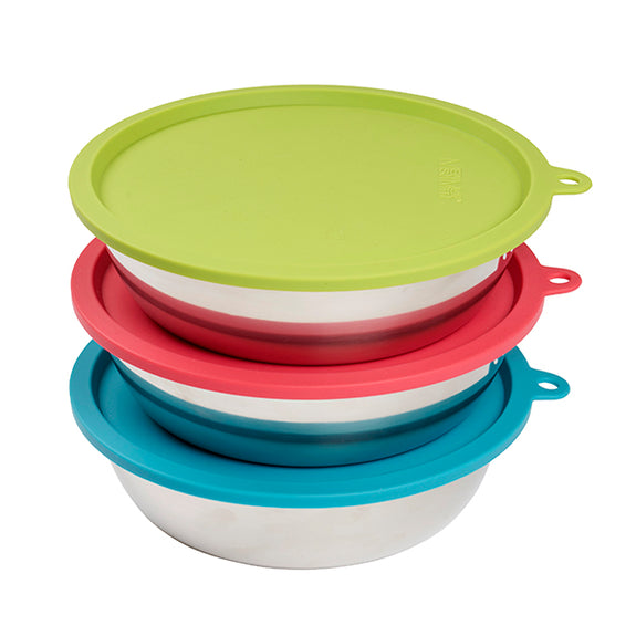 6 Piece Set 3 Stainless Steel Dog Bowls & 3 Colored Silicone Lids Storage Solution