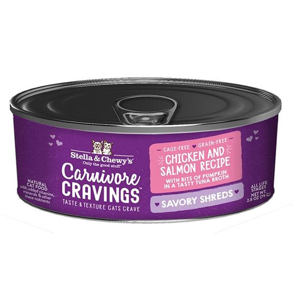 Carnivore Cravings Savory Shreds Chicken & Salmon Recipe Wet Canned Grain-Free Cat Food