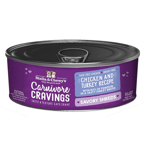 Carnivore Cravings Savory Shreds Chicken & Turkey Recipe Wet Grain-Free Canned Cat Food