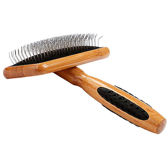 Slicker Metal Pin Dog Brush with Bamboo Handle and Rubber Grip