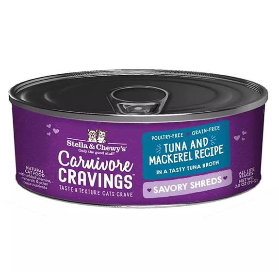 Carnivore Cravings Savory Shreds Tuna & Mackerel Recipe Wet Canned Cat Food