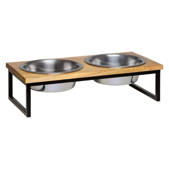 Natural Wooden Top & Iron Elevated Double Diner with Stainless Steel Bowls for Dogs