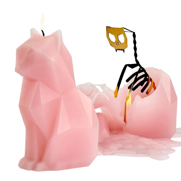 Kisa Cat Skeleton Art Reveal Unscented Candle Sculpture Pink