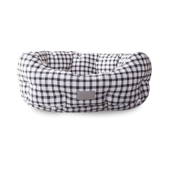 Round Cuddler Dog and Cat Bed, Gingham White/Black