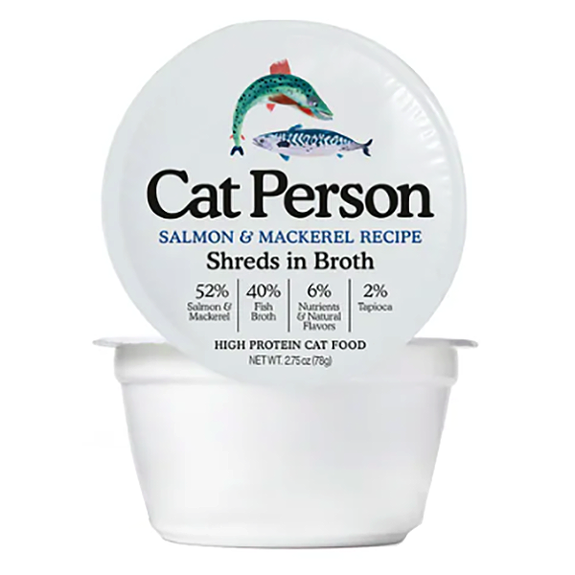 Cat Person Salmon & Mackerel Recipe Shreds in Broth High Protein Grain-Free Wet Cat Food