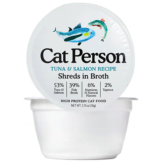 Cat Person Tuna & Salmon Recipe Shreds in Broth High Protein Grain-Free Wet Cat Food