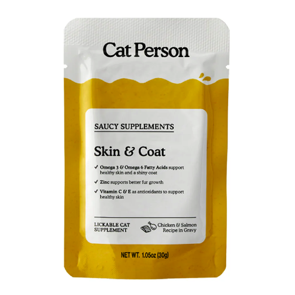 Cat Person Saucy Supplements Skin & Coat Support Chicken & Salmon in Gravy Grain-Free Lickable Pouch Cat Supplement Treat