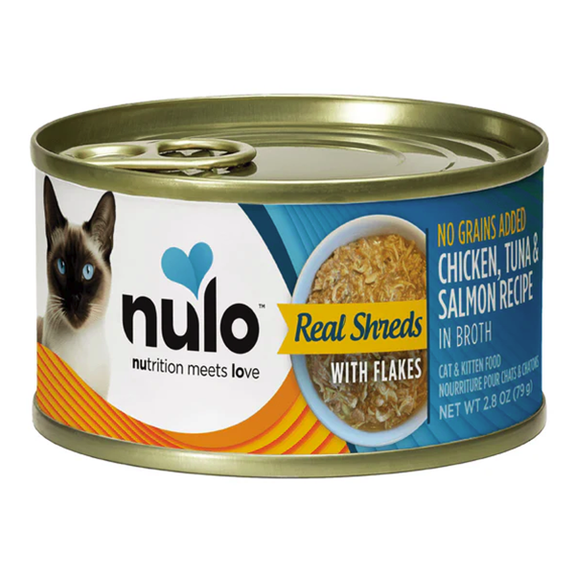 Real Shreds with Flakes Chicken, Tuna & Salmon Recipe in Broth Grain-Free Canned Cat Food