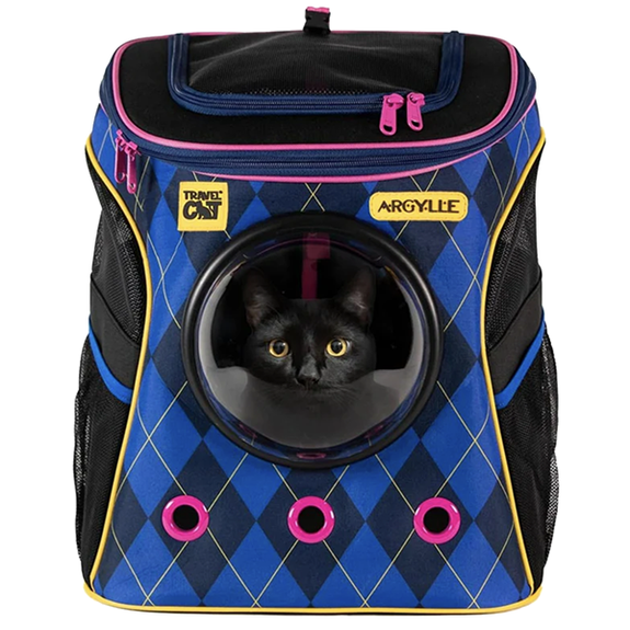 The Fat Cat Backpack for Larger Cats Travel Carrier with Window Argylle Movie Spy Cat Blue, Black & Pink