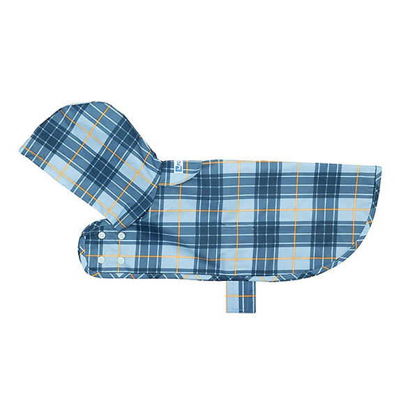 Packable Water Resistant Dog Rain Poncho with Hood Blue Plaid