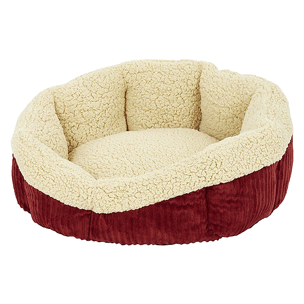 Self-Warming Bolster Fleece Interior Ribbed Corduroy Exterior Small Pet Bed Red & Cream