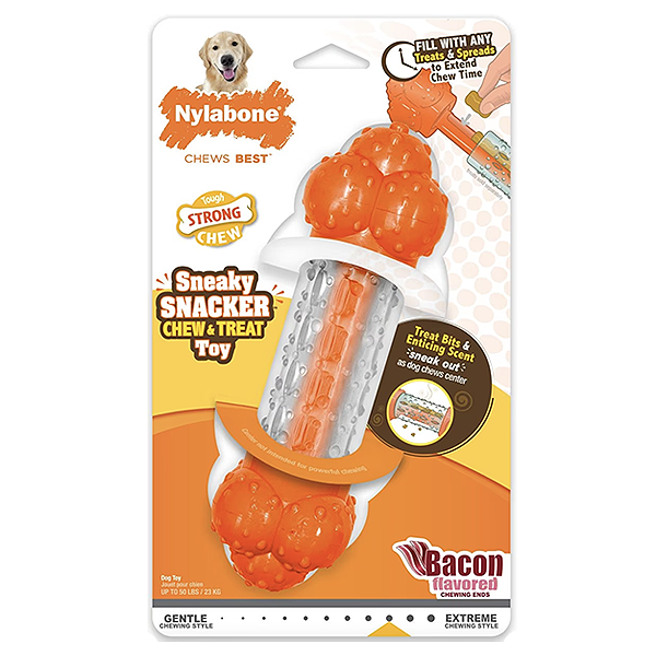 Sneaky Snacker Bacon Flavored Treat Dispensing Interactive Dog Chew Toy Orange