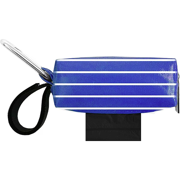 Blue & White Striped Duffel Dog Poop Bag Holder with Carabiner & Fastener Strap