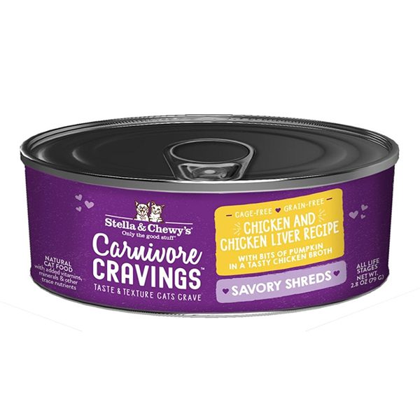 Carnivore Cravings Savory Shreds Chicken & Chicken Liver Recipe Wet Grain-Free Canned Cat Food