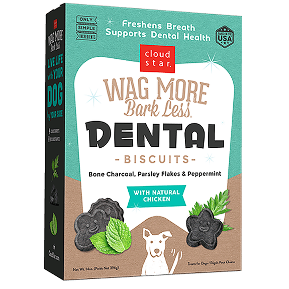 Wag More Bark Less Oven Baked Dental Biscuits Charcoal, Chicken & Peppermint Dog Treats