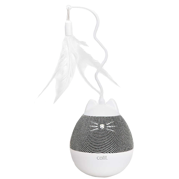 PIXI Spinner Battery Operated Nightlight & Moving Treat Dispenser with Feathers for Cats Silver