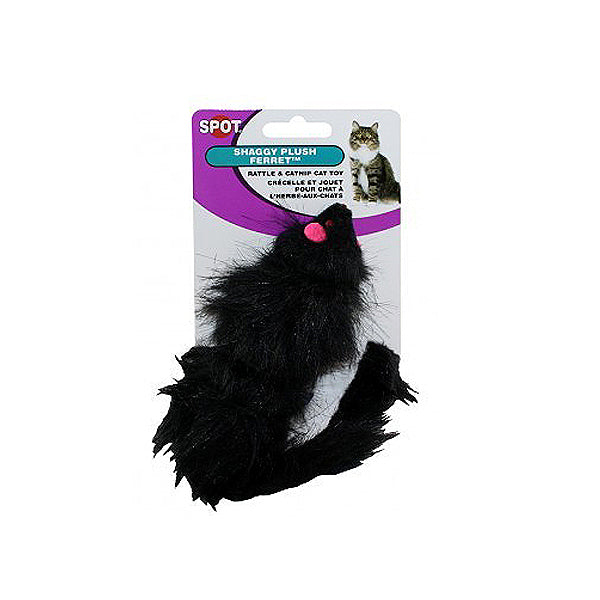 SPOT Shaggy Ferret Fuzzy Black Rattle Catnip Plush Cat Toy