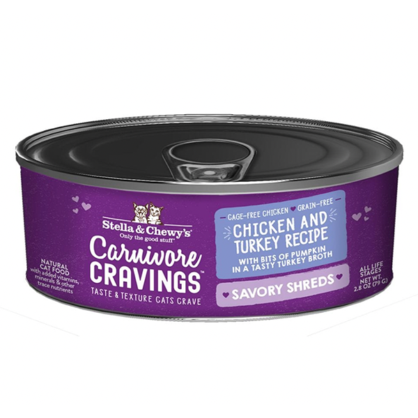 Carnivore Cravings Savory Shreds Chicken & Turkey Recipe Wet Grain-Free Canned Cat Food