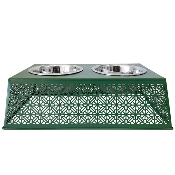 Elevated Southern Style Dark Green Metal Country Pet Feeder with Stainless Steel Bowls