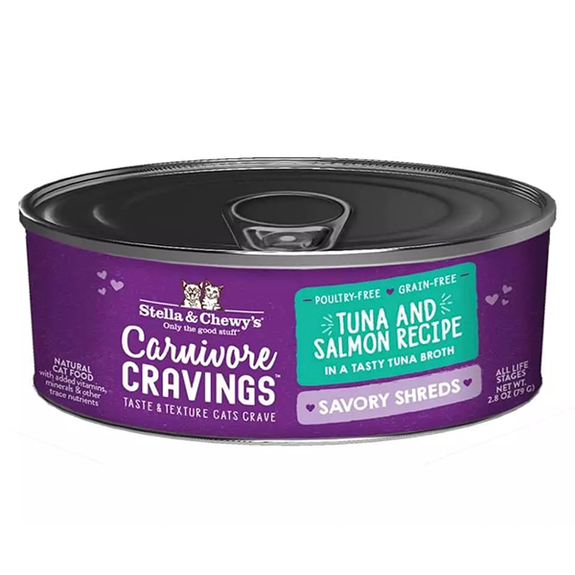 Carnivore Cravings Savory Shreds Tuna & Salmon Recipe Wet Canned Grain-Free Cat Food